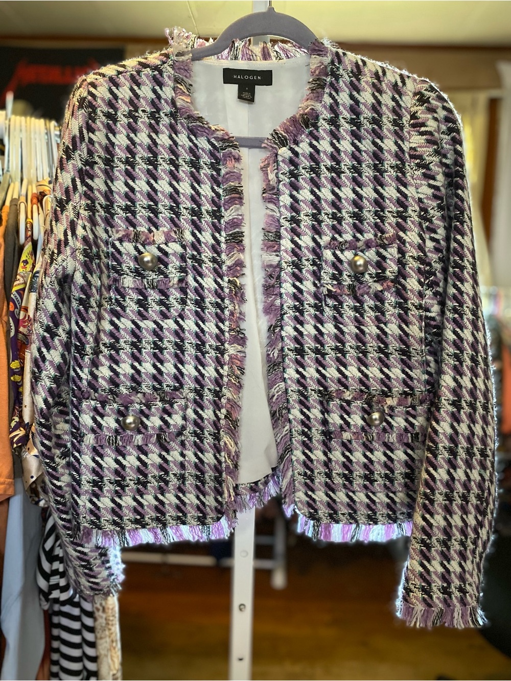 Halogen Purple & Cream Tweed Fringe Blazer